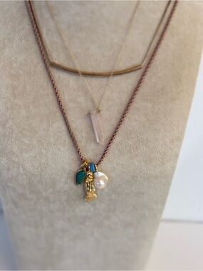 Rose Quartz Necklace Set Gold Bar Fish Charm Layered 3 Piece Necklace